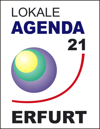 Wort-Bild-Marke: mit mehreren farbigen Bällen ineinander und Texte Lokale Agenda 21 Erfurt