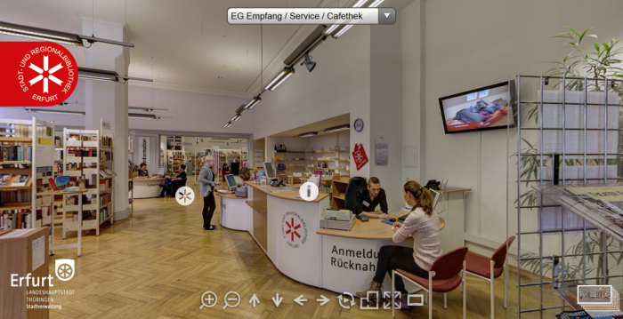 Foto: Screenshot: Virtuelle Tour Bibliothek Domplatz © Stadtverwaltung Erfurt Blick in das Erdgeschoss Empfangsthresen