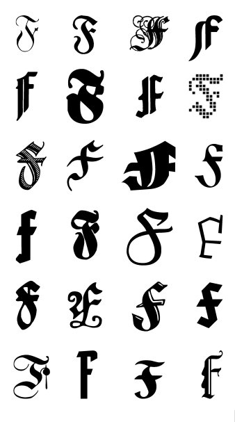 Grafik: Der Buchstabe "F" in vielerlei gestalt: Die Fraktur ist eine Schriftart aus der Gruppe der gebrochenen Schriften. Sie war von der Mitte des 16. Jahrhunderts bis zum Anfang des 20. Jahrhunderts die meistbenutzte Druckschrift im deutschsprachigen Raum. © Fabian Kirst Verschieden geformte Buchstaben.
