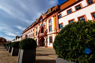 Blick durch große Pflanzenkübel auf die Staatskanzlei