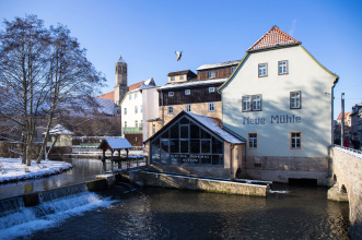 Blick auf das Museum Neue Mühle, den davorliegenden kleinen Staudamm und die Gera sowie eine aufgeschreckte Ente, die gen Himmel fliegt.