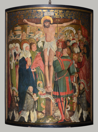 Foto: Kreuzigung: Pfeilerbild im Hohen Dom zu Erfurt St. Marien, Kathedralkirche des Bistums Erfurt, um 1520 © Bistum Erfurt, Foto: Falko Behr Der gekreuzigte Jesus Christus mit Heiligenschein, links die Gottesgebärerin Maria, die anderen Frauen und (vermutlich) der Lieblingsjünger, rechts sieben weitere Männer. Unter dem Kreuz mit der angebrachten Tafel "INRI" (Iesus Nazarenus Rex Iudaeorum – Jesus von Nazaret, König der Juden) drei Personen knieend.