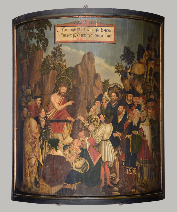 Predigt Johannes des Täufers: Pfeilerbild im Hohen Dom zu Erfurt St. Marien, Kathedralkirche des Bistums Erfurt, um 1530/40 Johannes der Täufer, mit erhobenem Zeigefinger und Heiligenschein, links, im Bild, predigt und ruft die zahlreichen Menschen um ihn herum zur Buße auf. Rechts, in der Gruppe stehend, der Sohn Gottes, der junge Jesus von Nazaret, mit Heiligenschein.