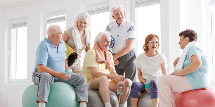 Senioren sitzen auf Gymnastikbällen in Sportkleidung.