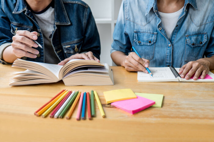 Zwei Kinder schreiben und lesen. Ein Junge und ein Mädchen schreiben und lesen in Büchern. Vor ihnen liegen Stifte und Papier.