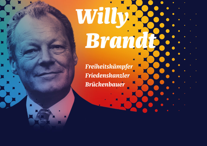 Plakat zur Ausstellung „Willy Brandt“ im Stadtmuseum Foto eines Mannes, daneben Schrift