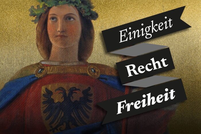 175 Jahre Erfurter Unionsparlament 1850 Frau mit Blätterhaarkranz in mittelalterlicher Robe mit einem zweiköpfigem Adler und Einigkeit, Recht, Freiheit
