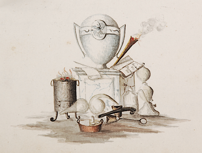 Aquarellierte Zeichnung „Altar der Freundschaft“ aus dem Freundschaftsbuch Trommsdorffs Zeichnung von „Journal der Pharmacie“, Ofen mit Feuer, Destilliergeräte, Tiegel, Tiegelzange, Wasserschüssel, Gasen