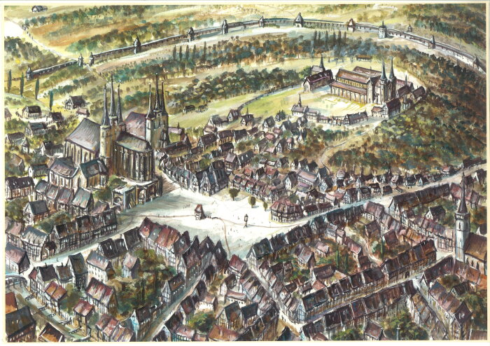 Jürgen Valdeig, Malerisches Erfurt Stadtansicht von Erfurt mit Stadtmauer und Domplatz