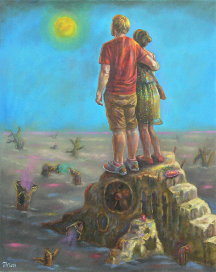 Ein gemaltes Paar Arm in Arm von hinten in einer abstrakten Landschaft stehend