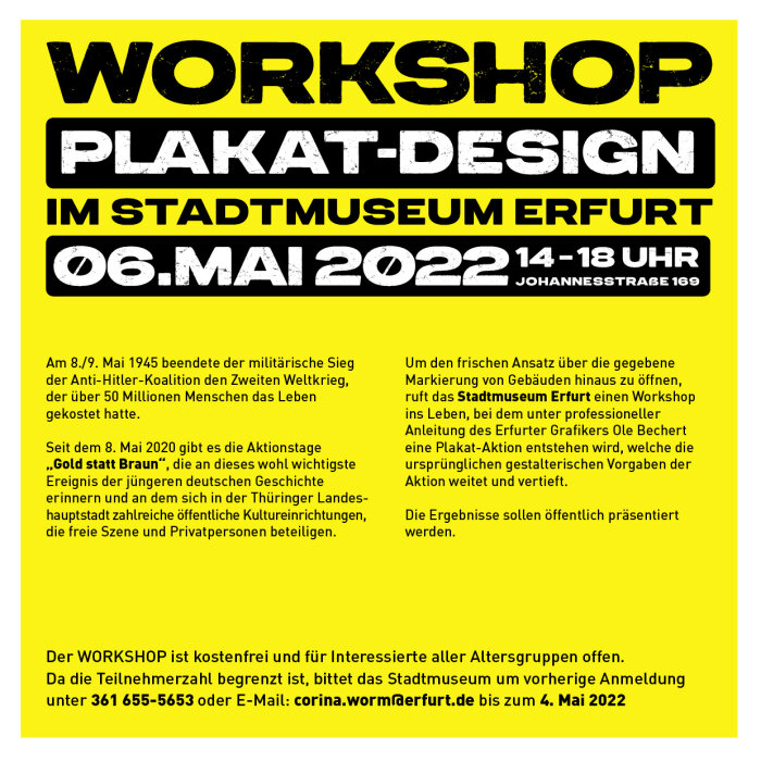 gelber Hintergrund mit Informationen zum Workshop "Plakat Design" im Stadtmuseum Erfurt