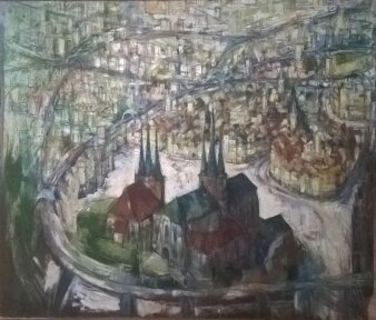 Gemälde der Erfurter Altstadt, im Vordergrund das Ensemble von Dom und Severikirche