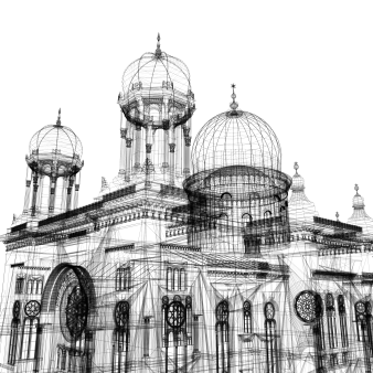 Entwurfsdarstellung einer Synagoge nur mit Linien