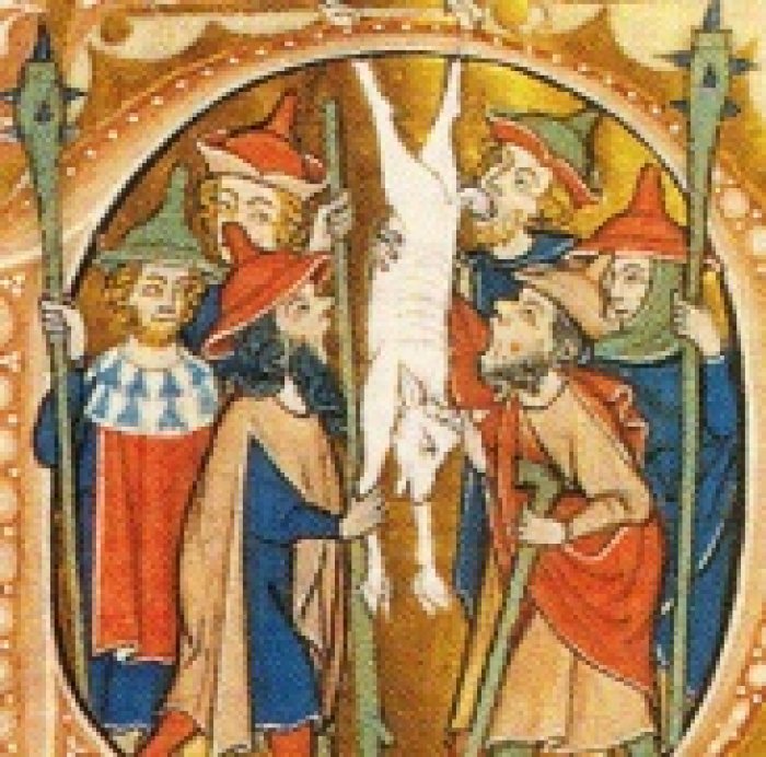 Codex Gisle Die Illustration ist dem Codex Gisle entnommen, der im frühen 14. Jahrhundert in Westfalen entstand. Sie zeigt eine Gruppe von sechs Juden in zeittypischer Tracht mit nach oben spitz zulaufendem Judenhut, die sich an Jesus in Form eines kopfüber aufgehängten Lamms vergehen.