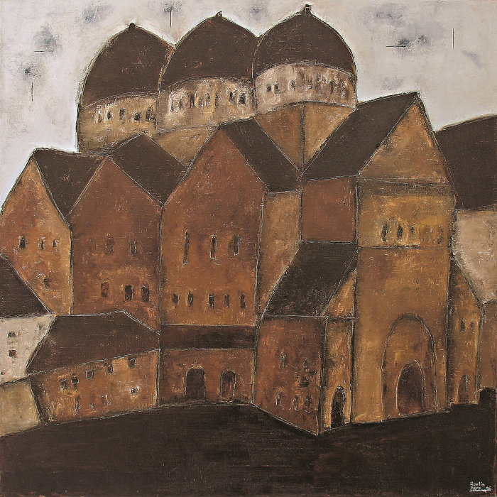 Berlin Fasanenstraße, Öl_Lw., 100 x 100 cm, 2006 Bild einer Kirche, Synagoge, Kathedrale
