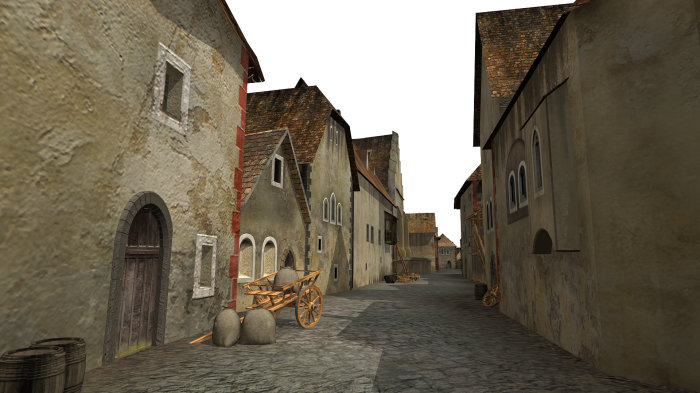 Visualisierung des Wiener Judenviertels um 1380 Zu sehen ist eine computergenerierte mittelalterliche Gasse mit niedrigen Häusern auf beiden Seiten.
