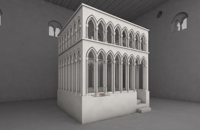 Mittelalterliche Synagoge Köln, 1349: Vorläufige Rekonstruktion der gotischen Bima, Arbeitsstand Juli 2018 Zu sehen sind ein computergenerierter Innenraum mit schmucklosen Wänden und das Lesepult aus gotischen Bögen.
