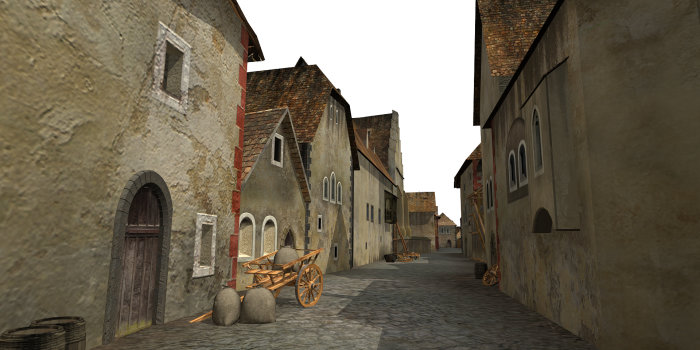 Foto: Visualisierung des Wiener Judenviertels um 1380 © 7reasons Zu sehen ist eine computergenerierte mittelalterliche Gasse mit niedrigen Häusern auf beiden Seiten.