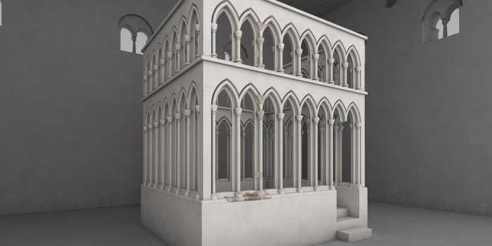 Zu sehen sind ein computergenerierter Innenraum mit schmucklosen Wänden und das Lesepult aus gotischen Bögen.