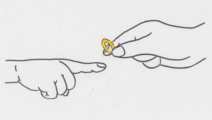 Zeichnung Hochzeitsring anstecken Eine Zeichnung, auf der eine Hand einer anderen einen Hochzeitsring ansteckt.