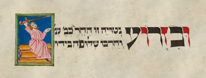 Tegernsee Haggadah, BSB München, Cod. hebr. 200, fol. 17 (Ausschnitt) Ein altes Dokument mit hebräischen Schriftzeichen und der bunten Illustration eines Mannes mit Schwert in der Hand.