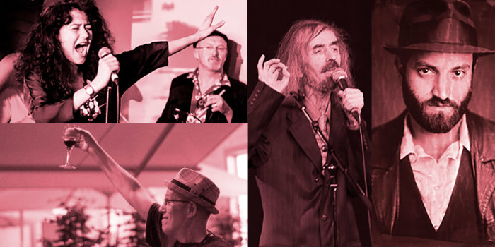 Eine Collage aus verschiedenen Fotos zeigt fünf Personen, teilweise mit Mikrofon in der Hand. 