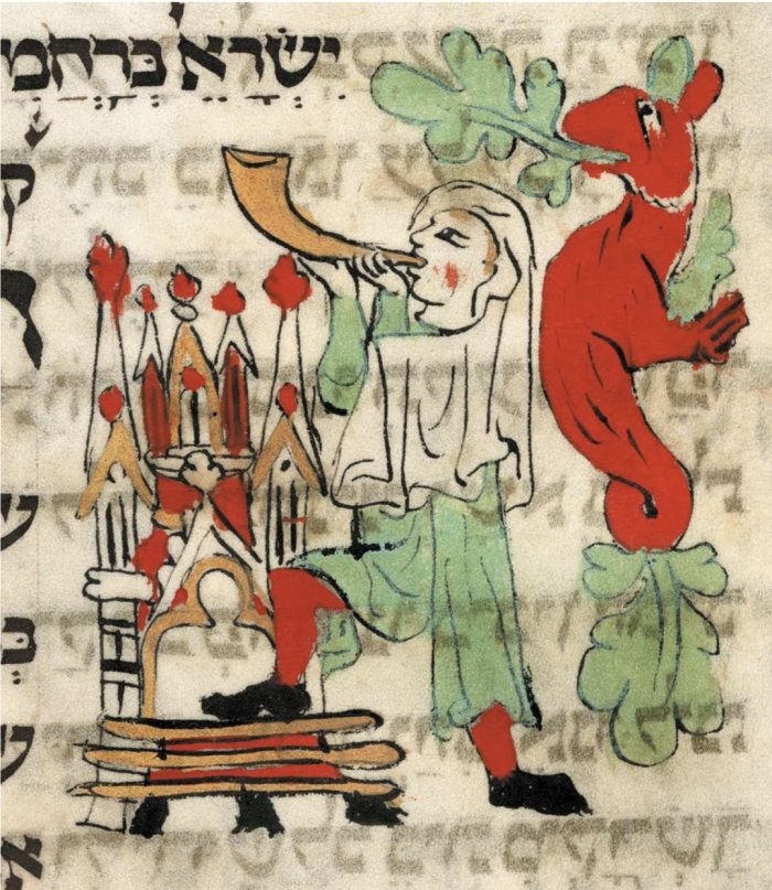 Schofar – Historische Darstellung ein gemaltes Bild mit Mann, mit einem Bein auf einem Thron stehend und in ein Schofar-Horn blasend
