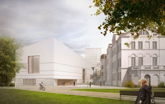 Computer-Darstellung des Jüdschen Museums Frankfurt nach der geplanten Sanierung und Erweiterung Das Bild zeigt rechts das Jüdische Museum Frankfurt und links ein modernes weißes Gebäude, davor eine Grünfläche.