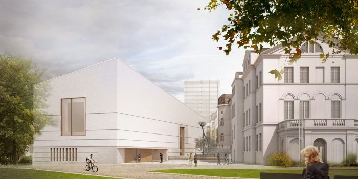 Foto: Computer-Darstellung des Jüdsichen Museums Frankfurt nach der geplanten Sanierung und Erweiterung © Staab Architekten/Stadt Frankfurt/dpa, FR Das Bild zeigt rechts das Jüdische Museum Frankfurt und links ein modernes weißes Gebäude, davor eine Grünfläche.