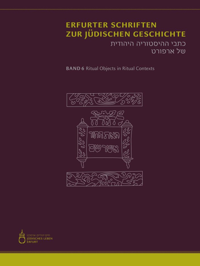 lilafarbenes Buchcover mit Titel und schematischer Darstellung einer Tora-Rolle