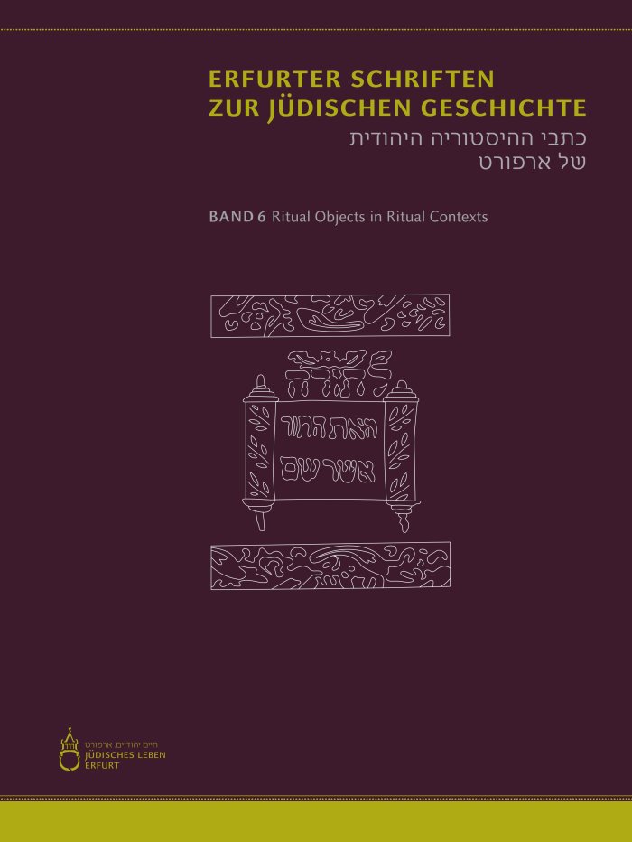 Buchcover "Ritual Objects in Ritual Contexts" lilafarbenes Buchcover mit Titel und schematischer Darstellung einer Tora-Rolle