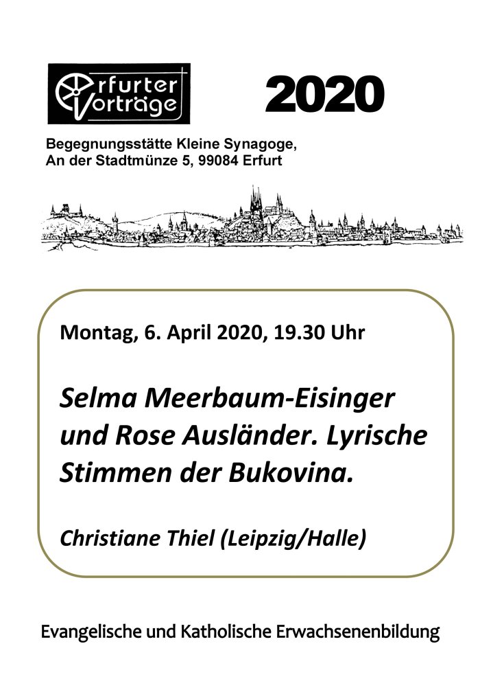 ein Plakat über die Erfurter Vorträge 2020 mit dem Thema: "Selma Meerbaum-Eisinger und Rose Ausländer"