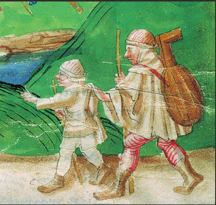 Burgerbibliothek Bern, Mss.h.h.I.3, S. 357, Ausschnitt Blinder Musiker, geführt von einem Gehilfen.