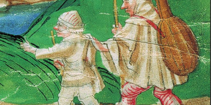 Bild: Burgerbibliothek Bern, Mss.h.h.I.3, S. 357, Ausschnitt © Bern, Burgerbibliothek, Mss.h.h.I.3: Diebold Schilling, Amtliche Berner Chronik, Bd. 3 Blinder Musiker, geführt von einem Gehilfen.