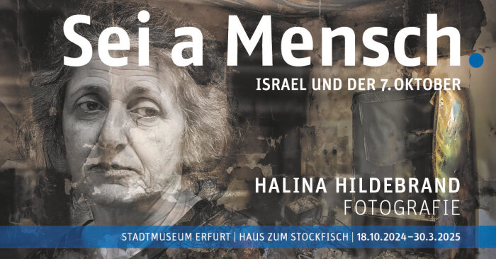 Banner zur Ausstellung / Grafik: ©FloxDesign - Elke Rohleder Grafik mit einem Foto einer Frau sowie weißer Schrift