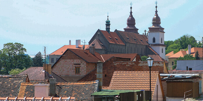 Ein Wohnviertel mit vielen Ziegeldächern und einer Synagoge im Zentrum. 