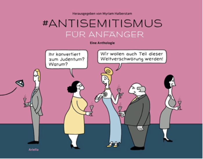 #Antisemitismus für Anfänger – Sonderausstellung mit Cartoons und satirischen Texten Buchcover eines Cartoons darauf Darstellungen einer Gesellschaft