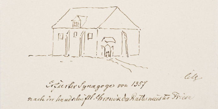 Grafik: Die Erfurter Synagoge von 1347 nach der Friesenchronik © Angermuseum Erfurt Skizze eines kleinen Gebäudes