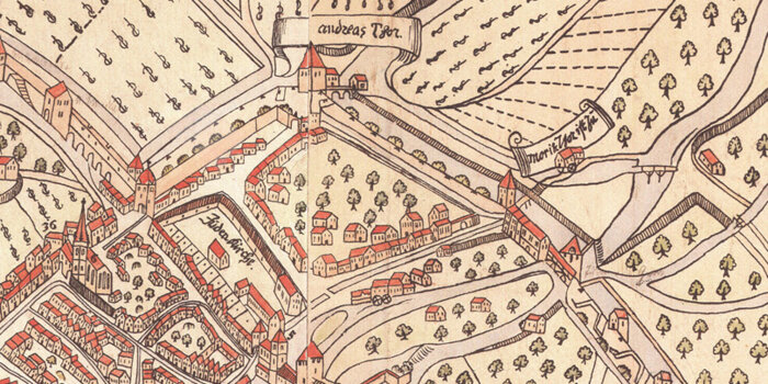 mittelalterliche Kartenzeichnung zum friedhof, mit Häusern und Bäumen