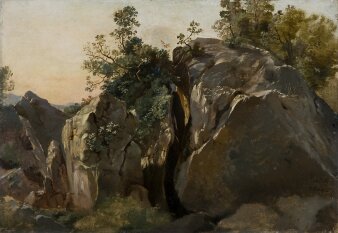 Foto: Friedrich Nerly, Felsen bei Olevano, um 1829 © Angermuseum Erfurt Gemalter Felsen mit Bäumen in Braun- und Grautönen