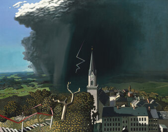 Gemälde mit einem Gewitter über einer Stadt mit Kirchturm. Drumherum grüne Wiesen und Wälder