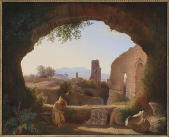 Bild: Franz Ludwig Catel (1778-1856), Sinnender Mönch in den Ruinen der Kaiserpaläste auf dem Palatin in Rom, Öl auf Leinwand, 51 x 63 cm, Privatbesitz, Hamburg © Christoph Irrgang, Hamburg Gemalte Szene einer Person die in einem Torbogen aus Stein sitzt, im Hintergrund eine karge steinige Landschaft