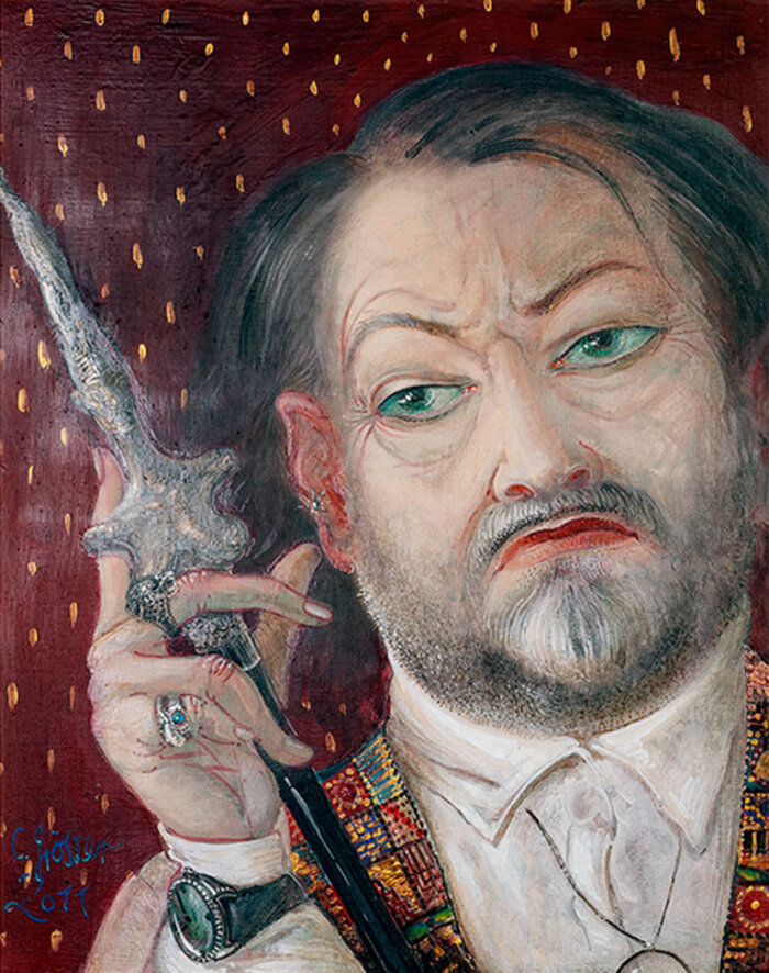 Clemens Gröszer, Selbst mit M. á. C., 2011, Mischtechnik auf Leinwand, 50x40 cm Gemälde eines grimmig schauenden Mannes mit Bart, Schmuck und einem länglichen Gegenstand in der Hand