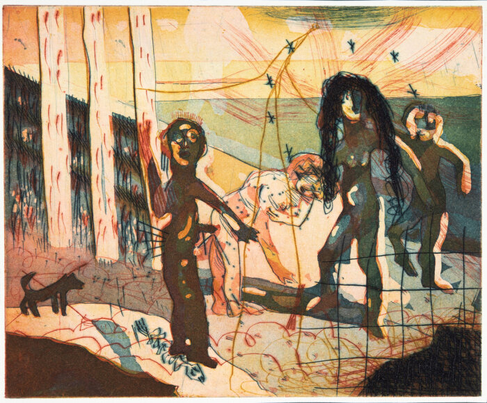 Felix Martin Furtwängler, Heroische Landschaft (einsam), 1986, Farbradierung auf Zerkallbütten, Andruck, Platte 17,8×21,5 cm Abstraktes Gemälde mit vier Personen und einem Hund in einem Raum