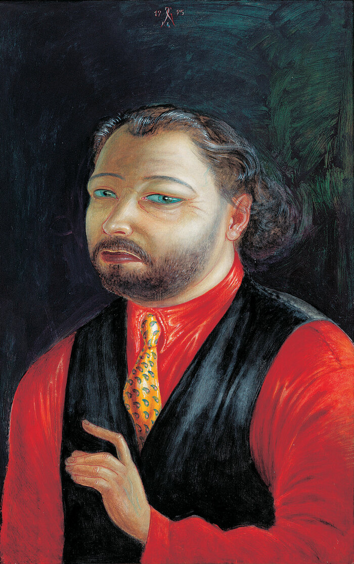 Selbstbildnis, 1995, Mischtechnik auf Malkarton, 70,5 x 45,5 cm, Anita und Günter Lichtenstein Stiftung Gemaltes Portrait eines Mannes mit rotem Hemd, gelber Krawatte und schwarzer Weste