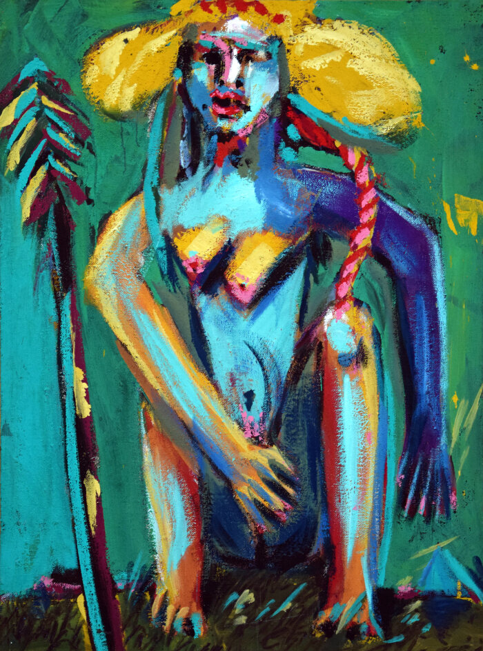 Martin Furtwängler "Arantxa", 1978, Dispersion auf Jute, 133,5×100 cm Buntes Gemälde einer sitzenden menschenähnlichen Figur