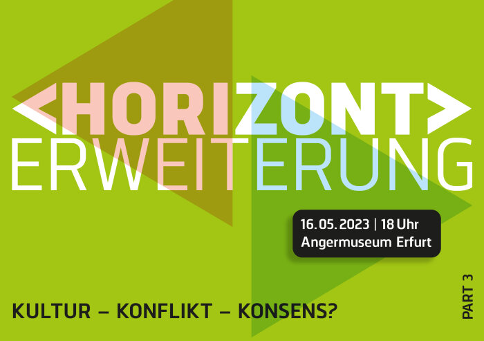 Grüner Hintergrund mit Dreiecken und weißer Schrift „Horizonterweiterung“