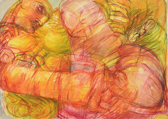 Foto: Klaus Armbruster, Ballade von Göreme 7, 1968, Aquarell auf Papier, 66 x 47 cm © Klaus Armbruster Abstrakte Malerei in Gelb- und Orangetönen im Querformat