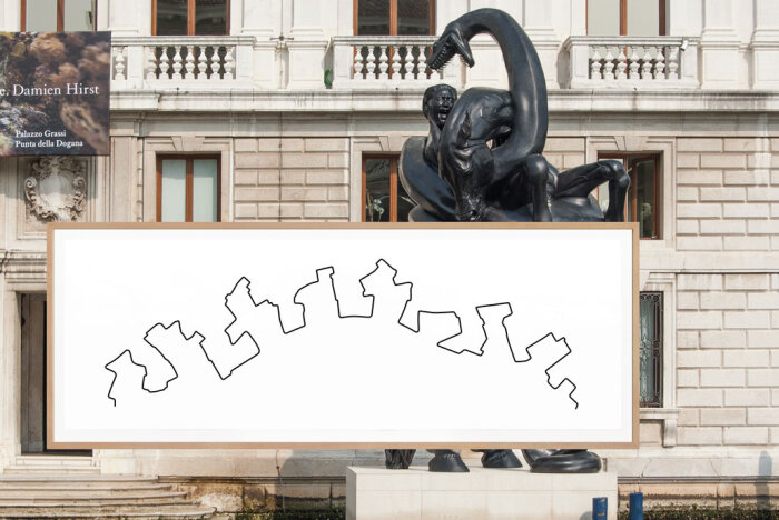 Matthias Geitel, Linie „Venedig“, 2017 Zwei Statuen vor einem Haus davor ein weißes Blatt mit einer schwarzen Linie