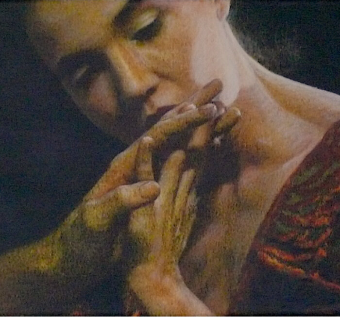Klaus Armbruster, Andromache, Detail aus der Bildmontage Ilias, 2024, Öl auf Leinwand Ausschnitt eines Gemäldes mit dem Gesicht einer Frau und zwei Händen